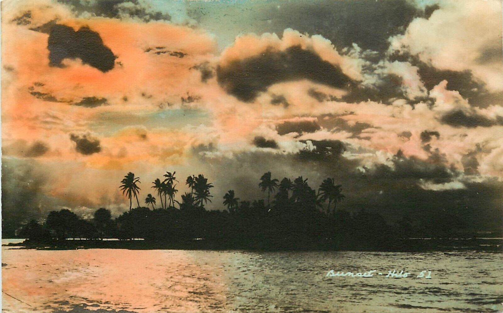 Hand Colored RPPC 51. Sunset, Hilo TH Coconut Island Unposted 1920s
