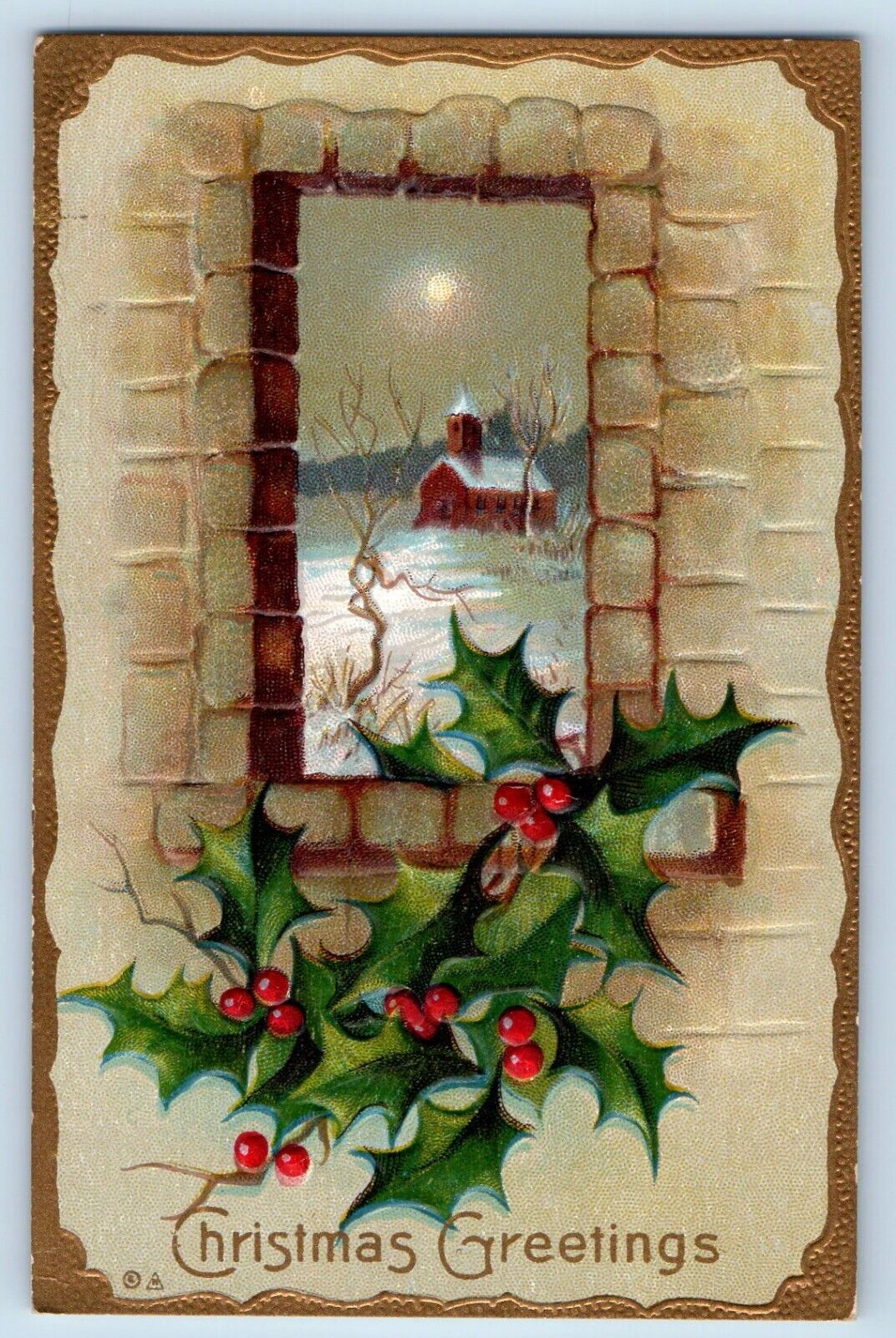 Spencer WI Postcard Christmas Greetings Winter Scene Holly Berries Embossed Nash