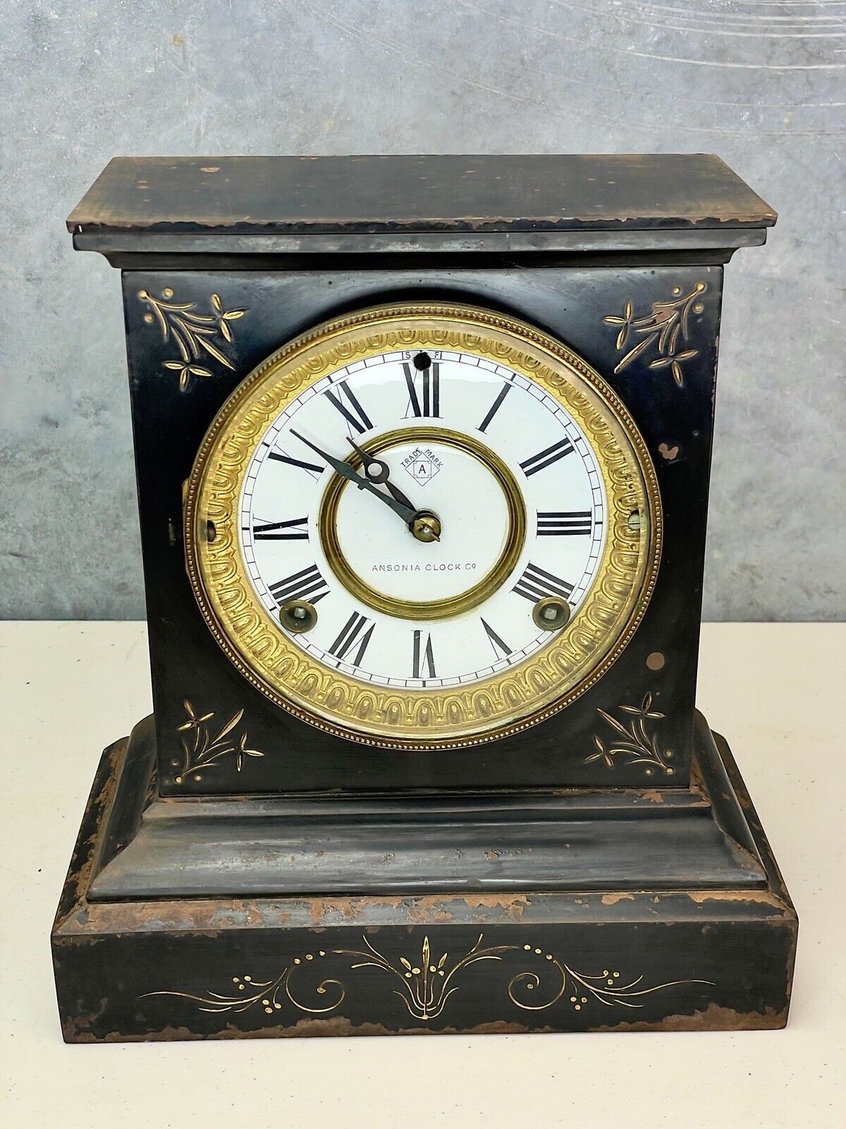 Gorgeous Antique Ansonia Iron Mantle Clock W/ Key, For Repair / Untested.