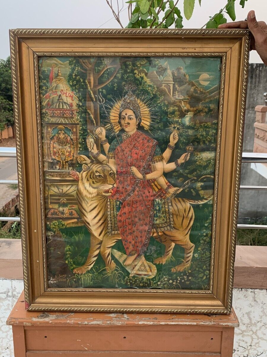 1900s Old Vintage Collectible Hindu God Devi Maa Ambaji Lithograph Print Framed