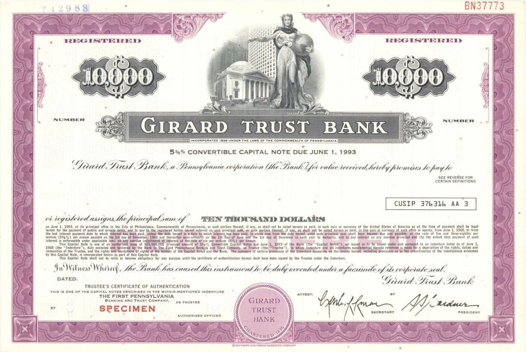 Girard Trust Bank - $10,000 Specimen Bond - Specimen Stocks & Bonds