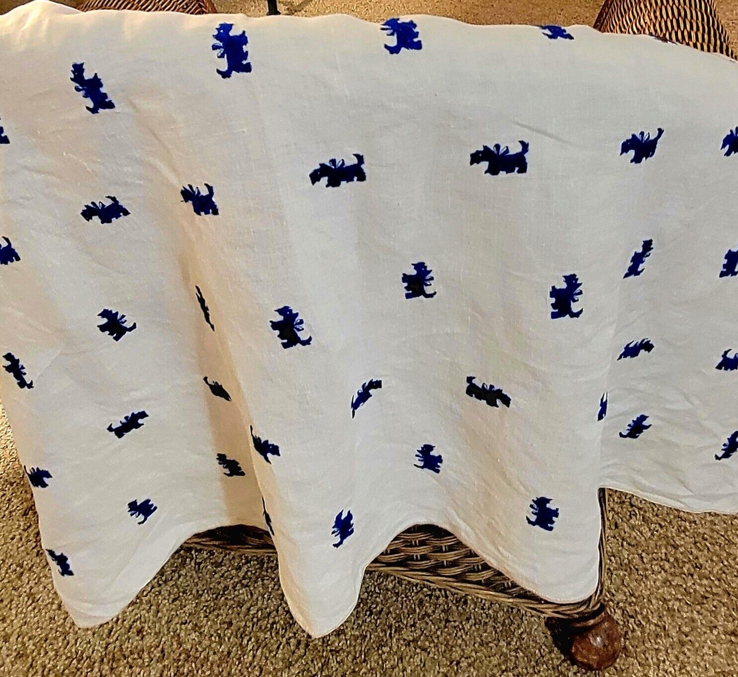 Vintage 1930's Tablecloth, Embroidered Blue Scottie Dogs on Hefty Cream Linen  