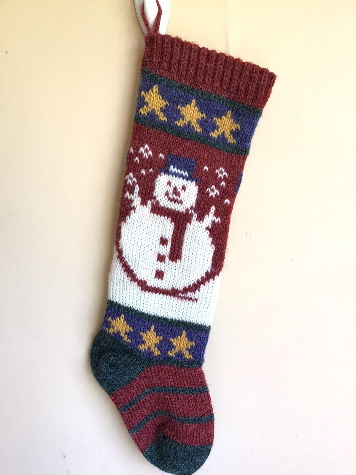 Vintage Russ Berrie Knitted Acrylic Sock Maroon Snowman Christmas Stocking
