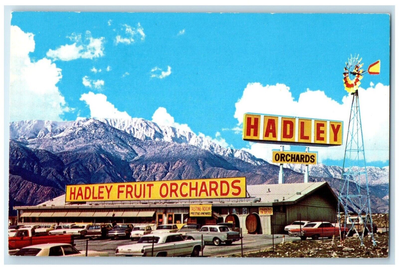 c1960's Hadley Fruit Orchards Windmill Cars Cabazon California CA Postcard