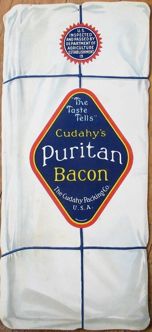 Puritan Bacon 1910 Advertising Sign, Die Cut Color Litho, Countertop Stand 14 in