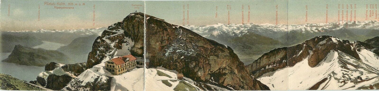 Swiss 3 part Panorama Postcard; Pilatus-Kulm Hotel, Alps, Peaks Annotated, UDB