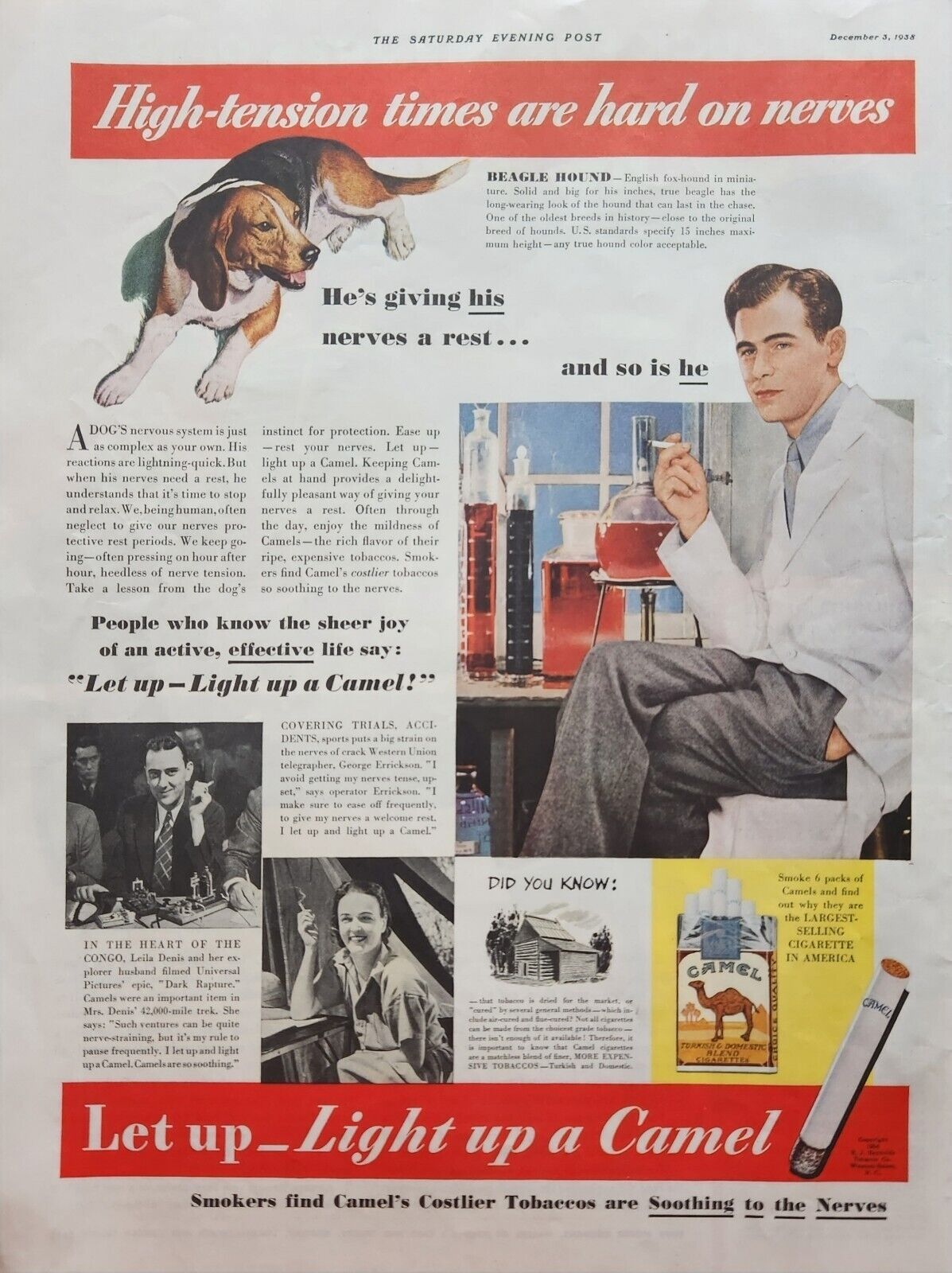 1938 Camel Cigarettes Vintage Ad Let up Light up