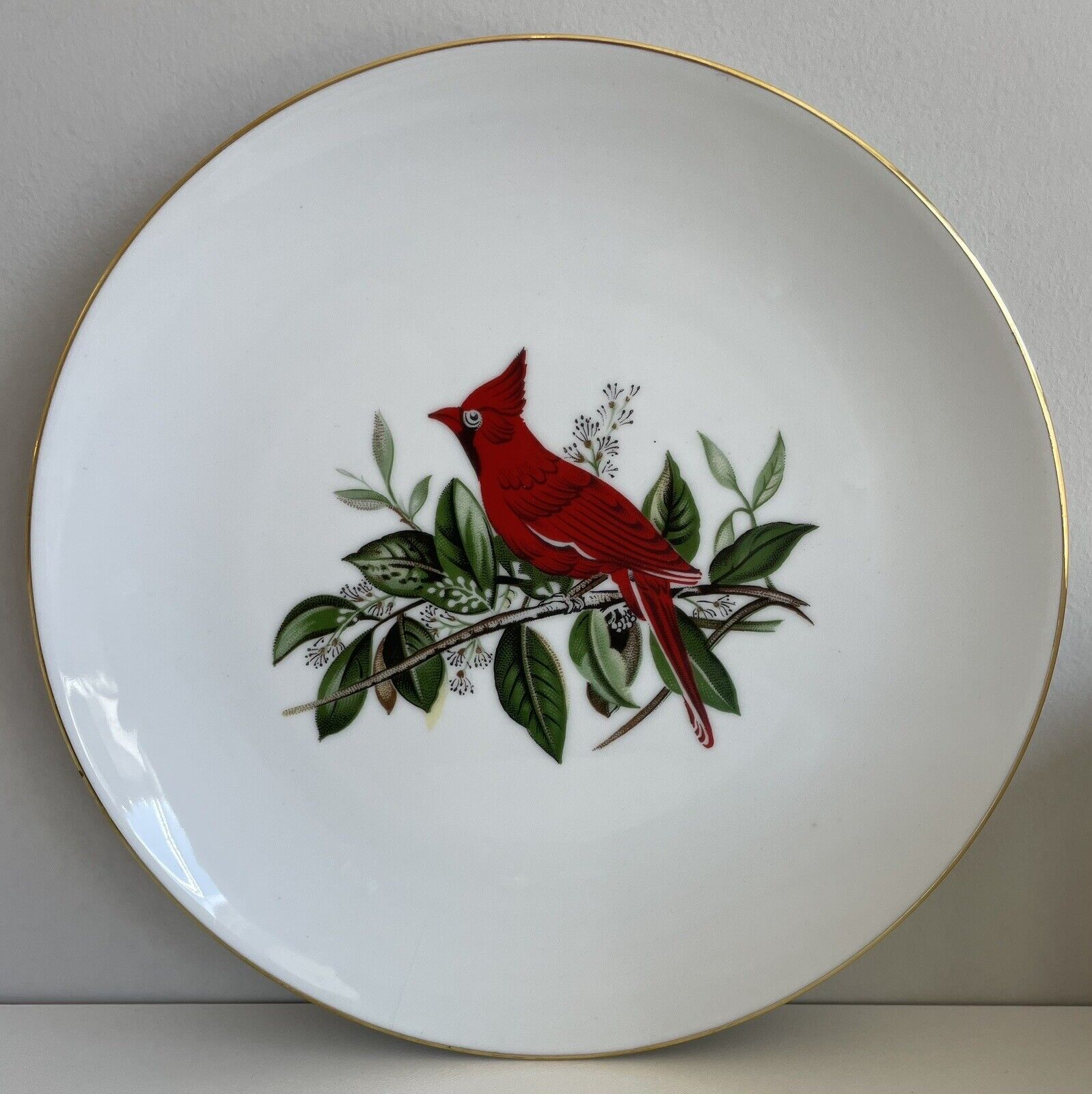 Cardinal Plate by Schumann Arzberg Germany 7.5 Inches Gold Colored Rim Red Bird