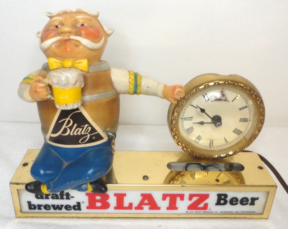 Vintage 1950's Blatz Beer Light Sign Clock WORKING Beer Barrel Man