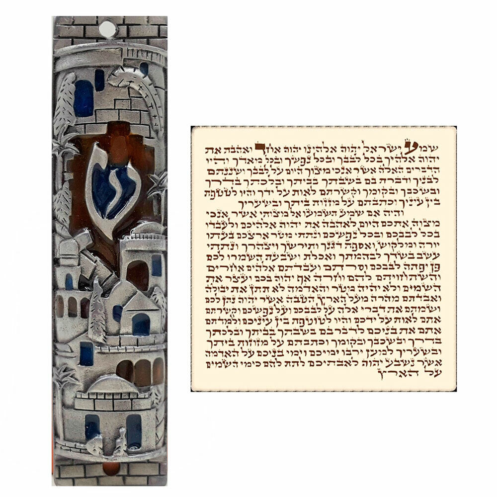 Silver Enamel Jerusalem Door Mezuzah Case with Hebrew Scroll Israel Gift 10cm 4\