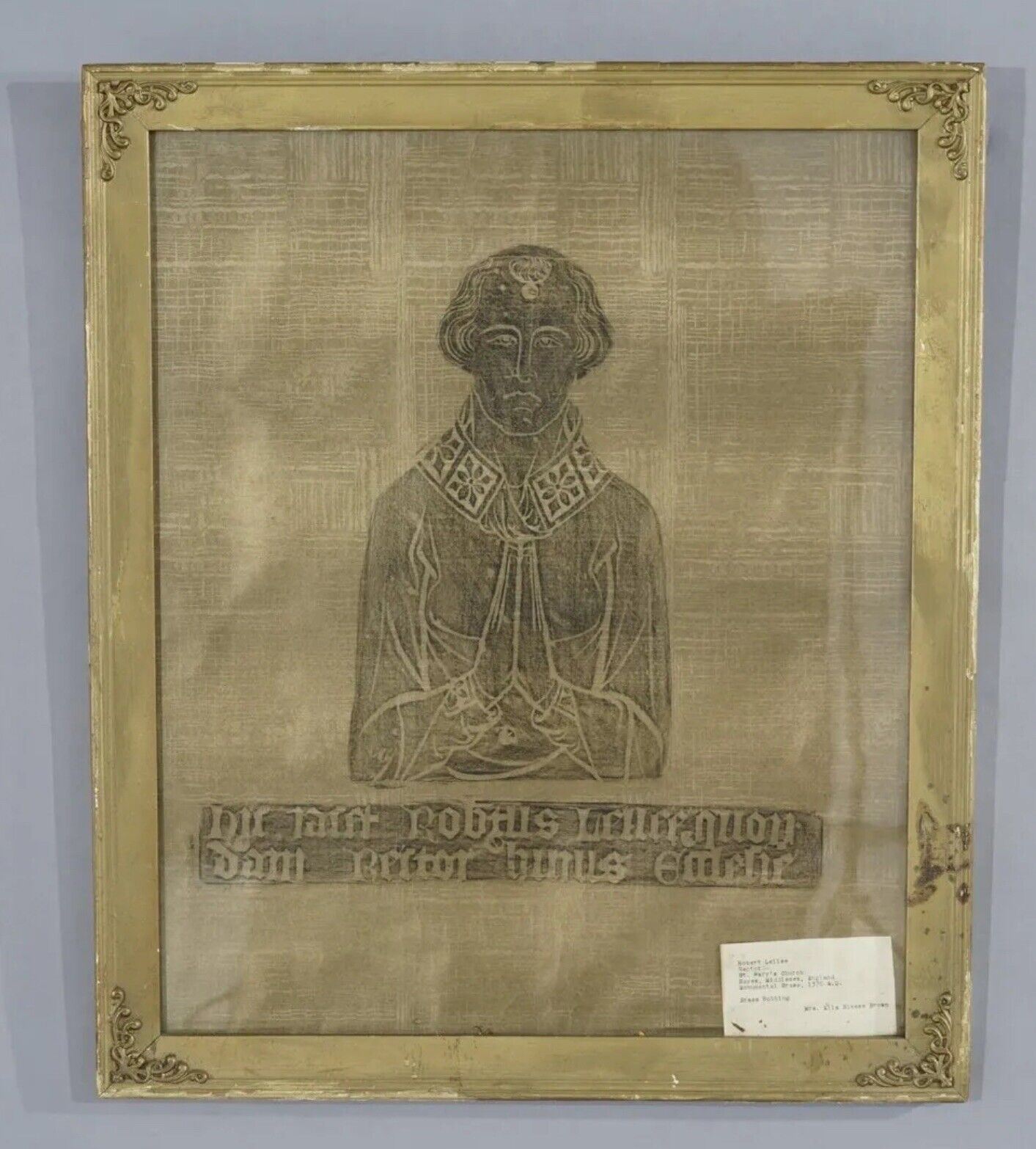 Antique Gilt Framed Memorial Rubbing from St. Mary's Church in England