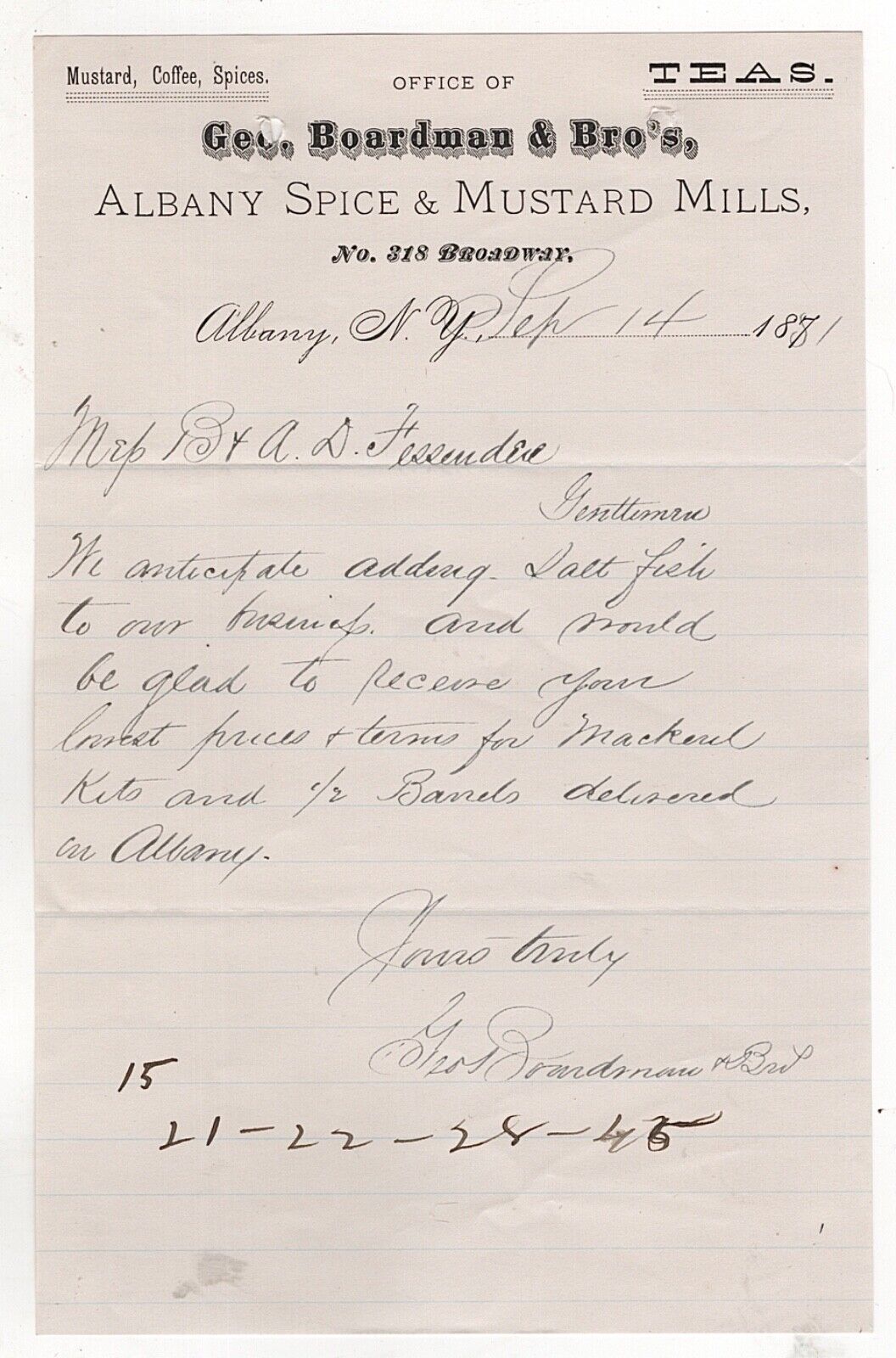 1881 GEO BOARDMAN BRO LETTERHEAD ALBANY SPICE MUSTARD MILLS BROADWAY ALBANY NY