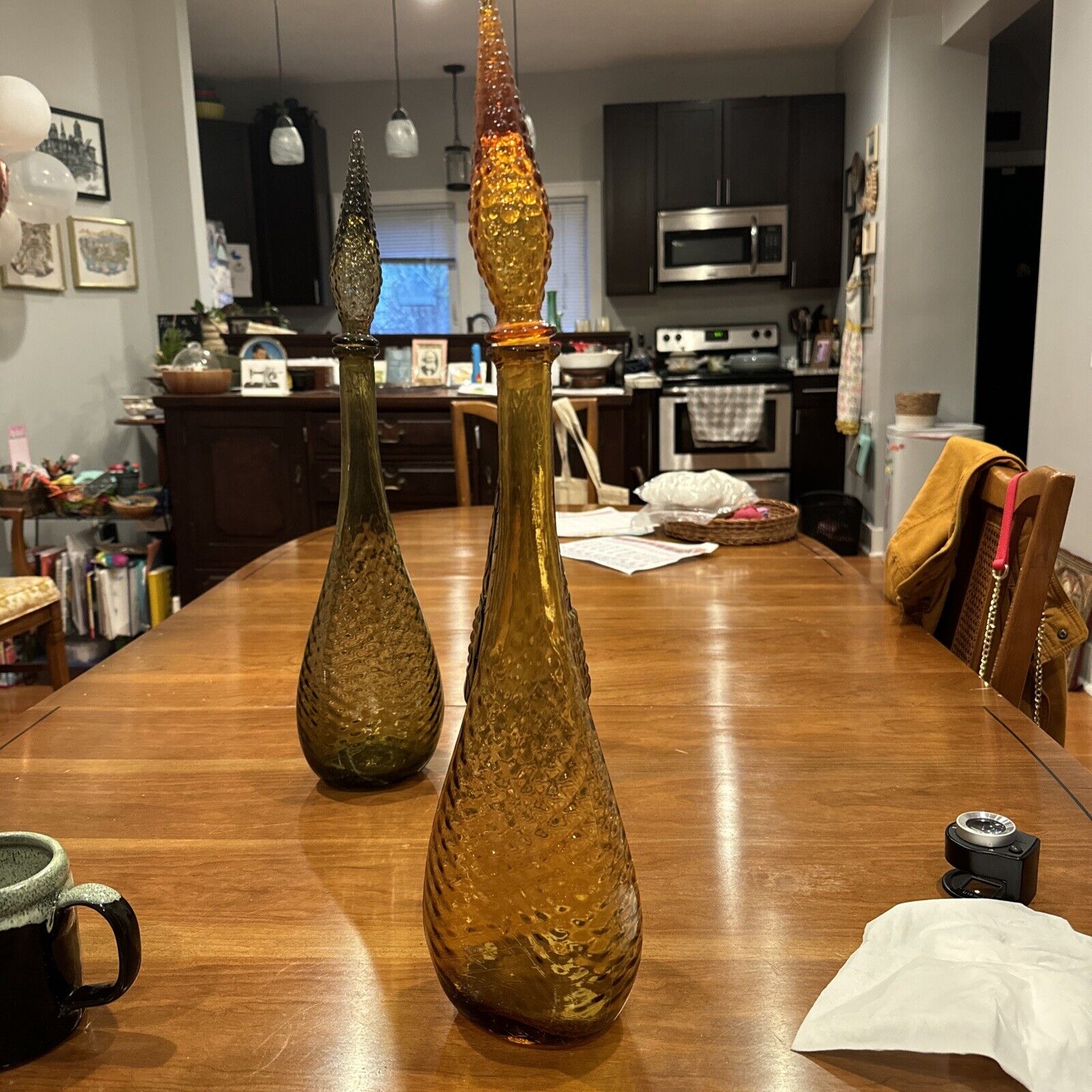 Vintage Empoli Optic Amber Glass Genie Bottle Decanter Italy Diamond Net Hobnail