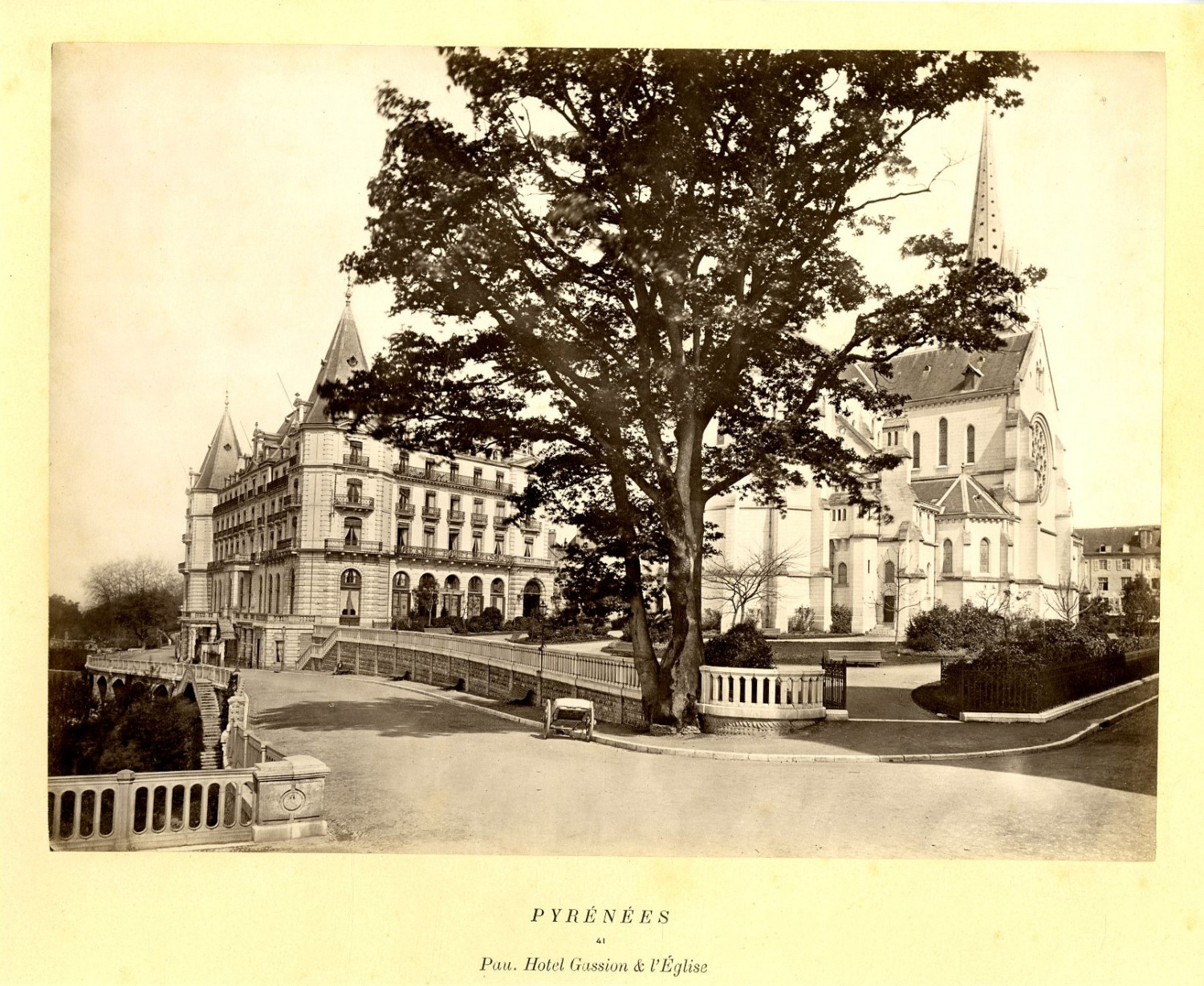 France, Pyrenees, Pau, Hotel Gaisson & Eglise France. Vintage Albumen Print. 