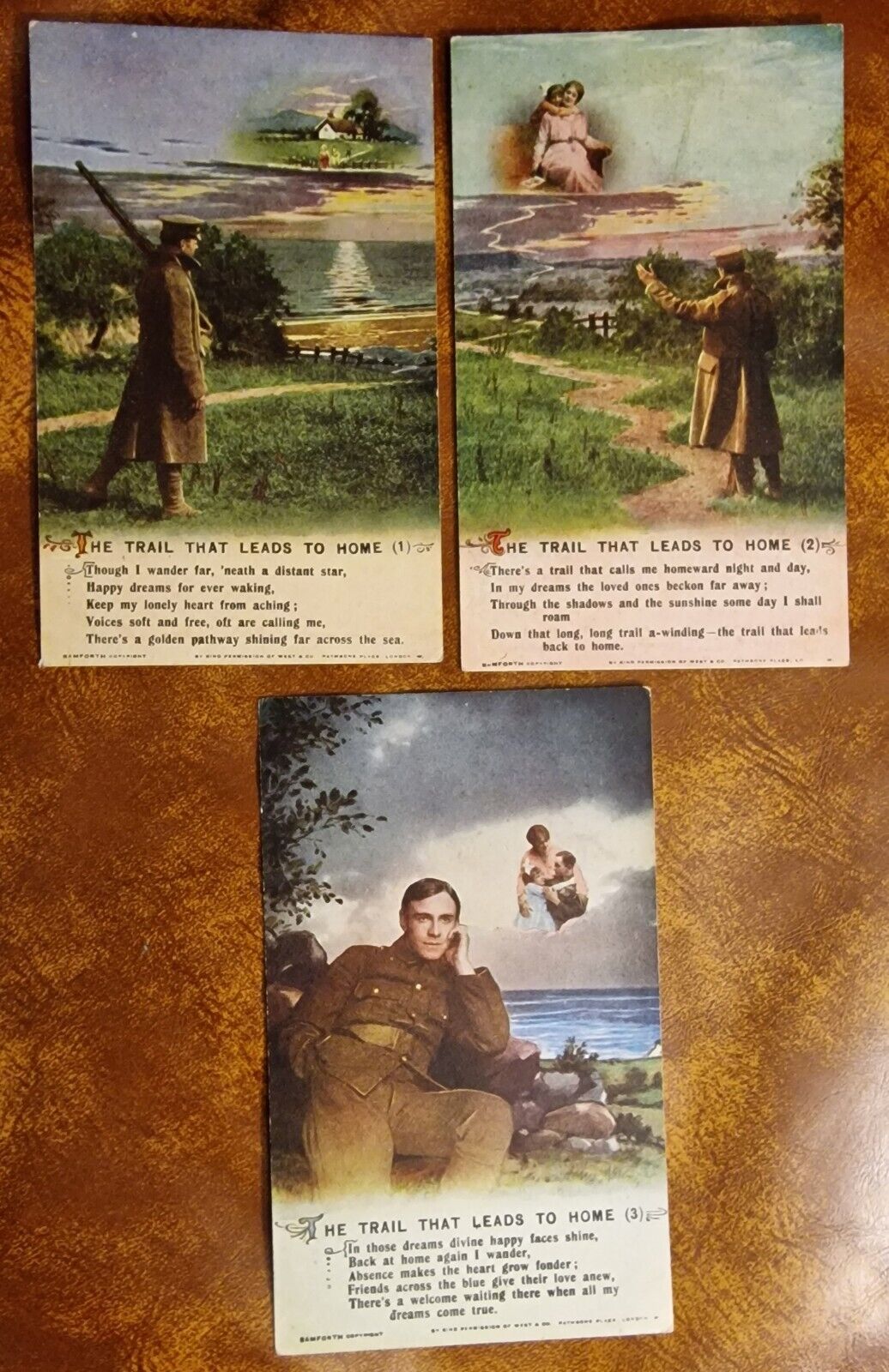 Three Original WW1 Bamforth Song Cards “The Trail That Leads To Home.” 4982