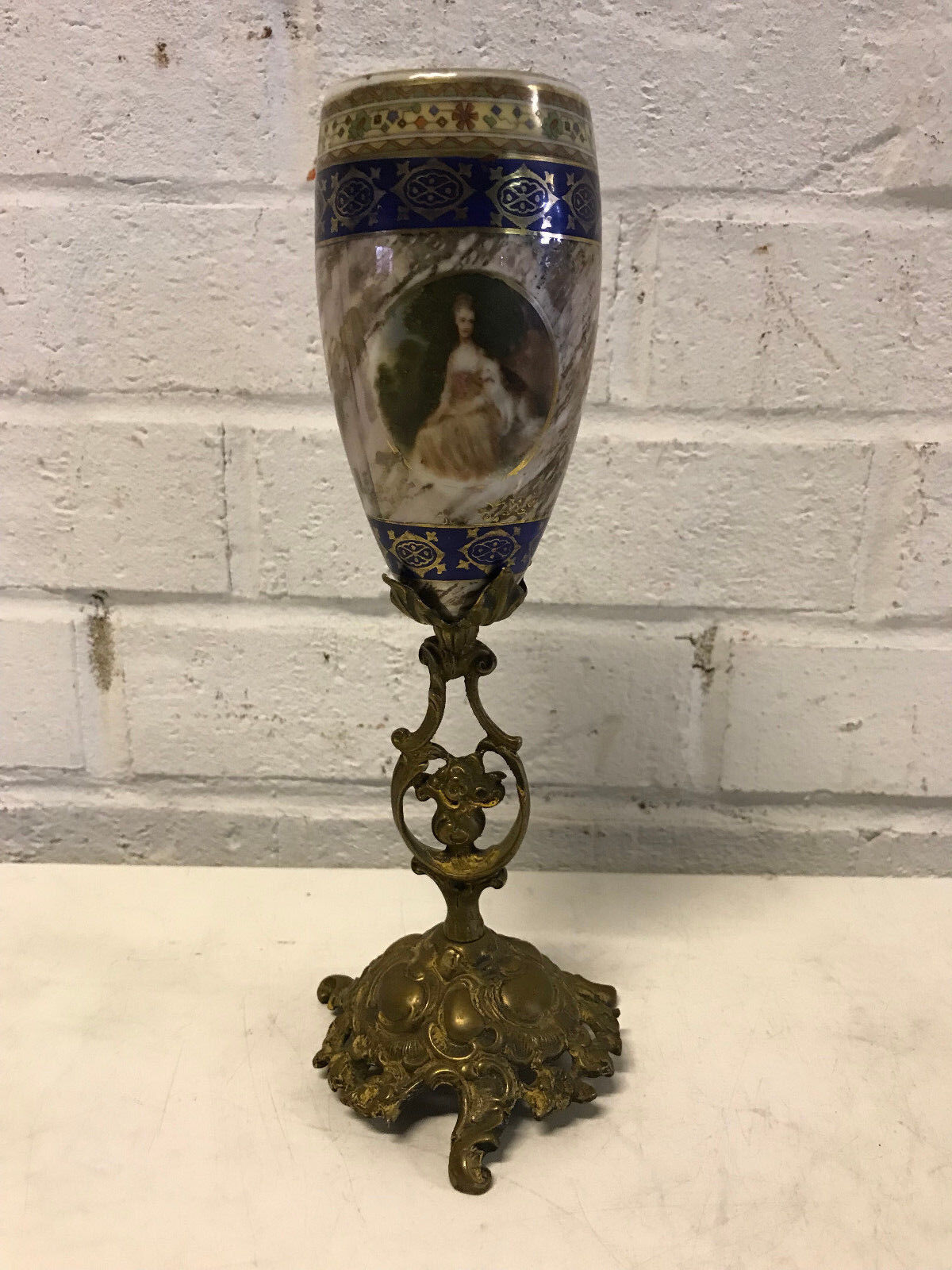 Vintage Antique European Porcelain & Gilt Metal Chalice Cup Vase Woman Dec.