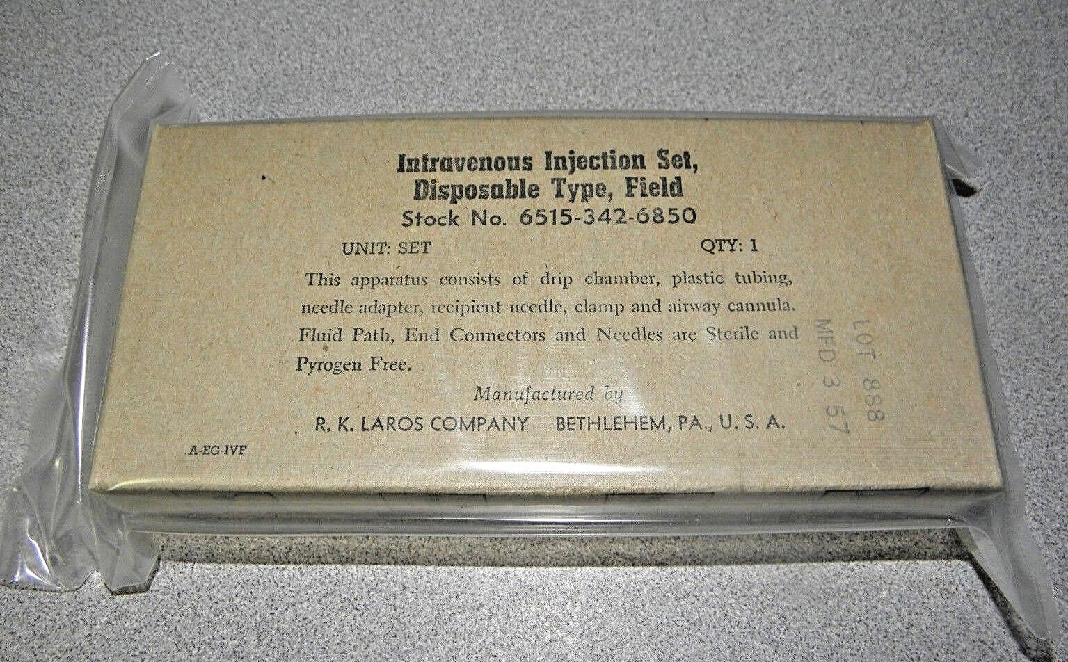 Vintage 1957 US Military Intravenous Injection Set First Aid R.K. Laros Company