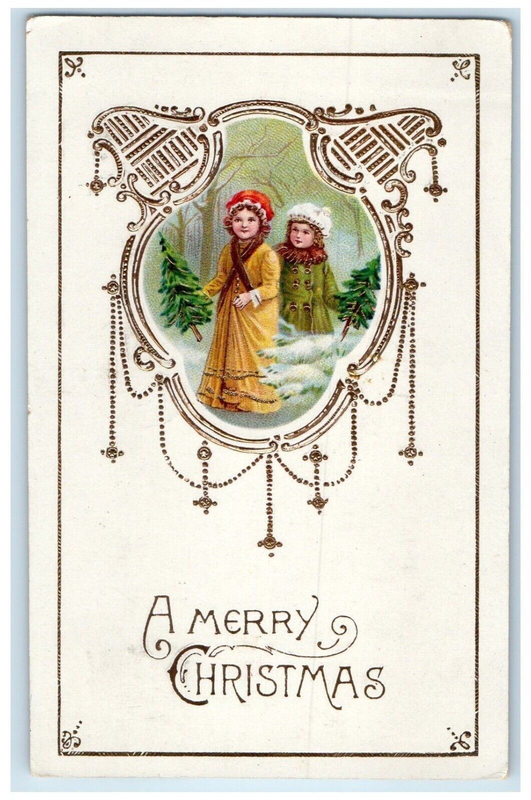 1914 Christmas Children With Pine Trees Winter Scene Gel Gold Gilt Postcard