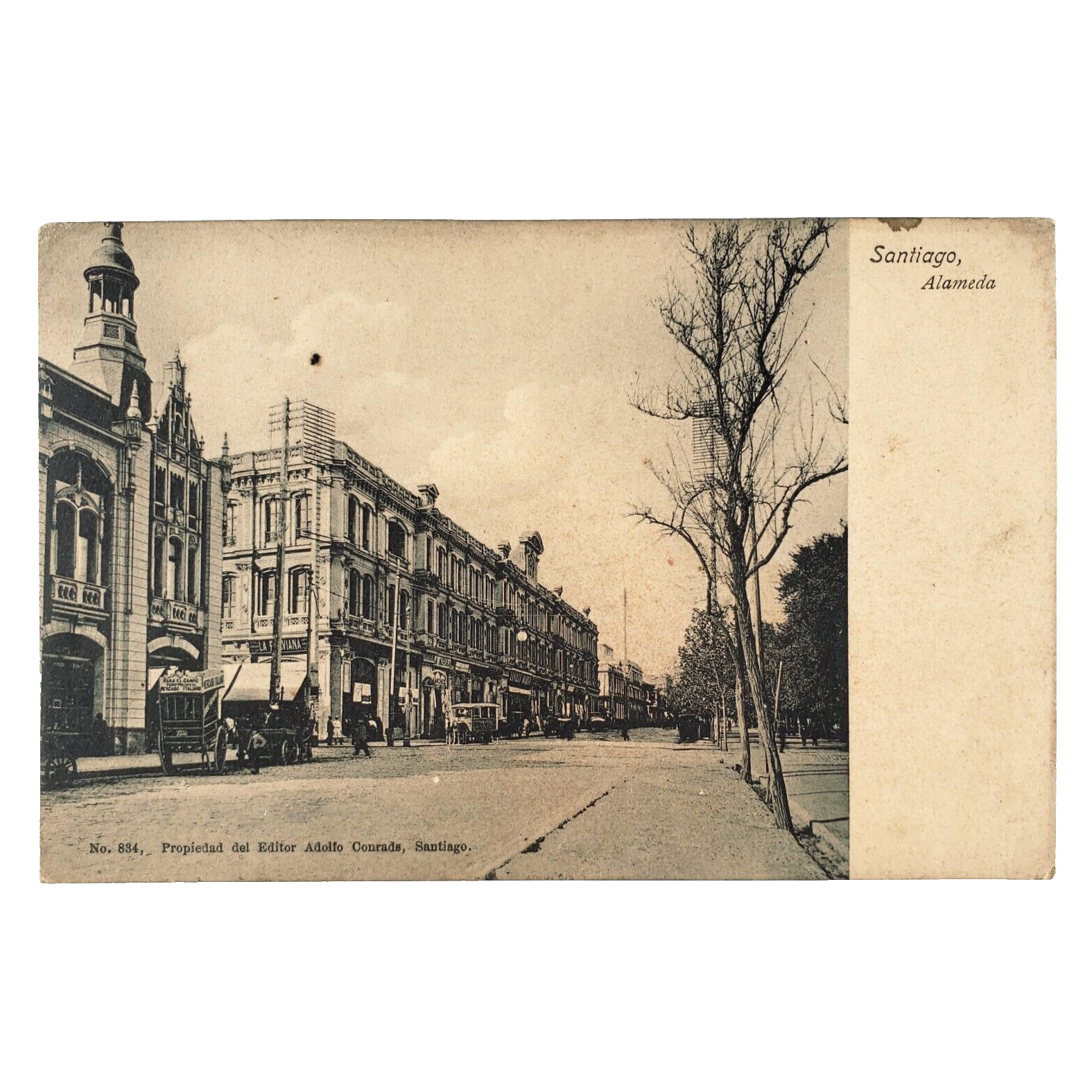 Santiago Chile Main Street Postcard c1908 La Alameda Avenue Carts & Signs A4476