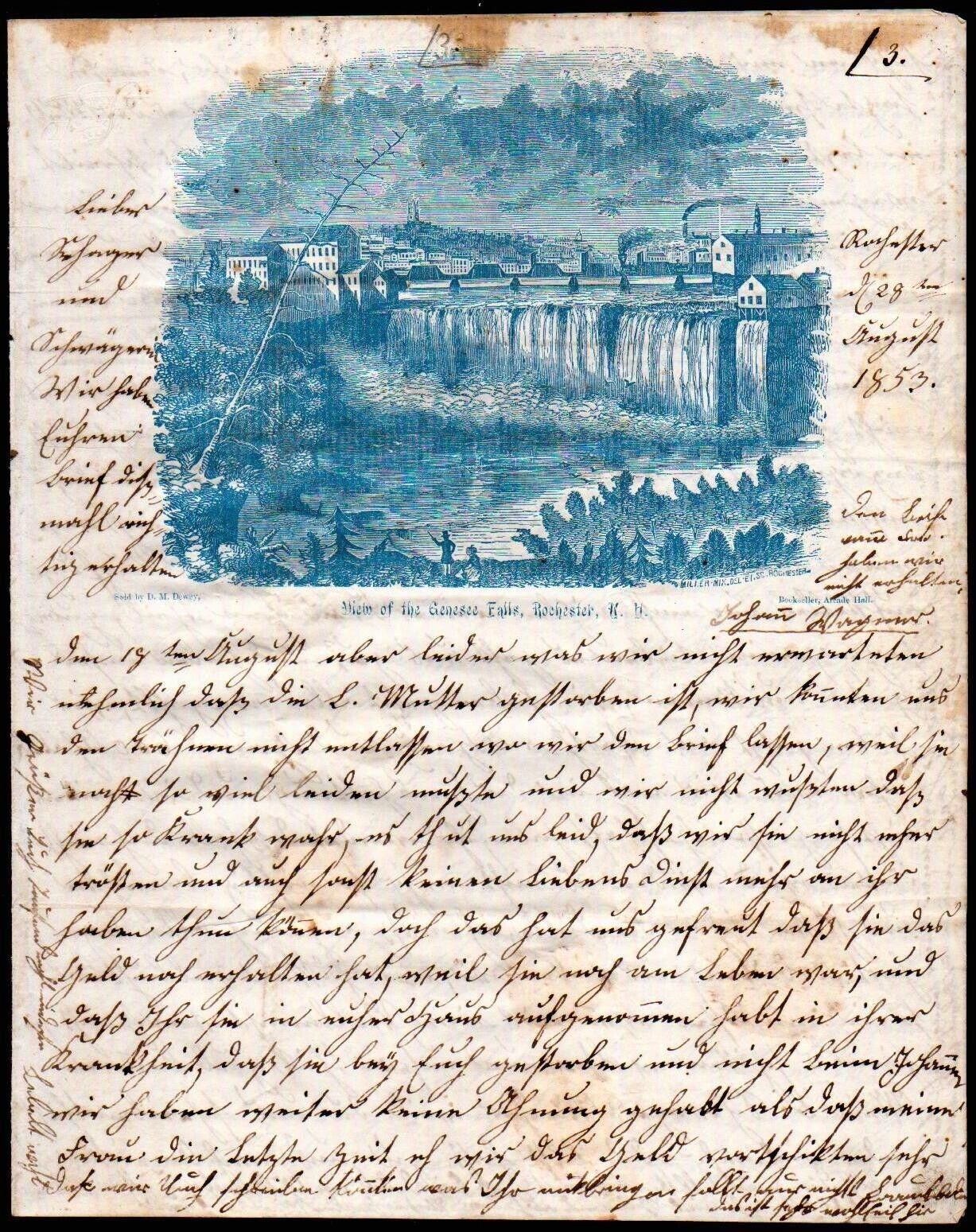 1853 Rochester NY - Genesee Falls - Rare History  four page Letter Head Bill