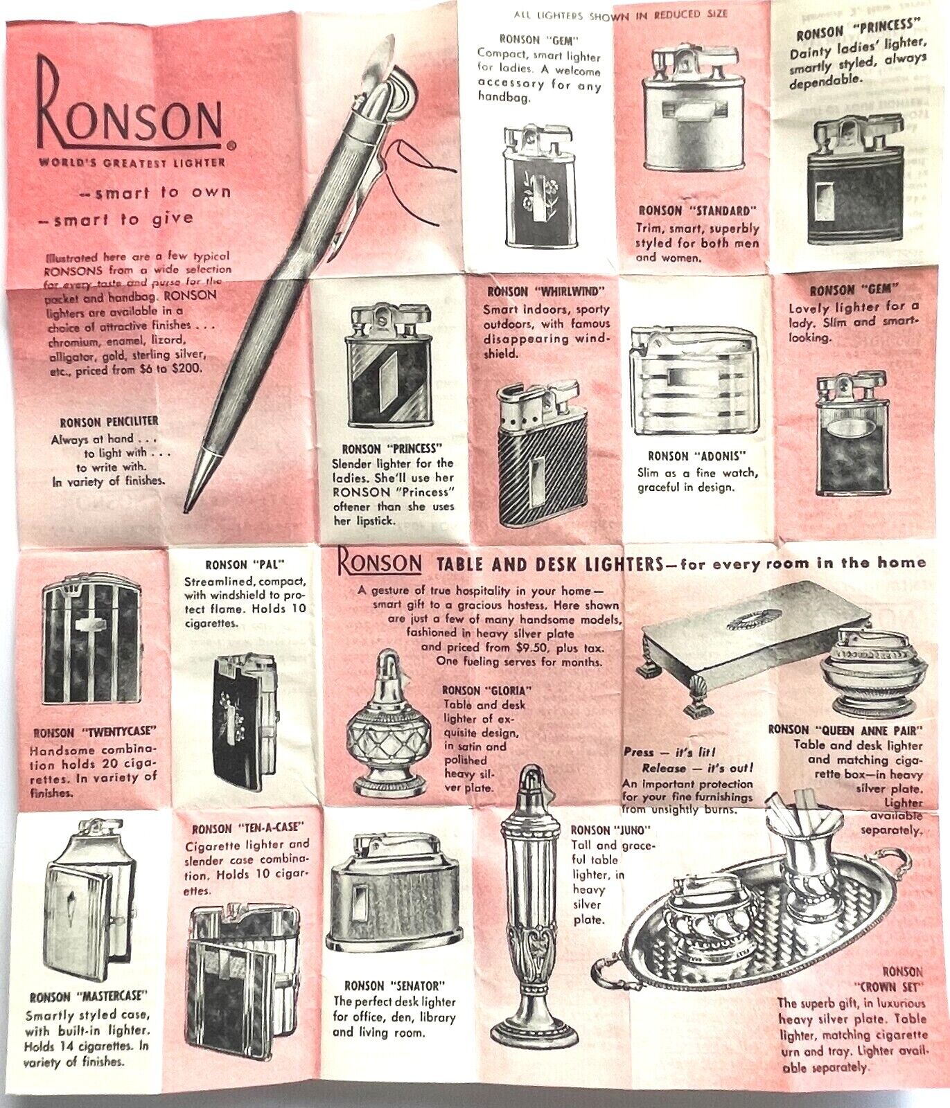 ORIGINAL VINTAGE 1950s RONSON WHIRLWIND LIGHTER INSTRUCTIONS AND LIGHTER CATALOG
