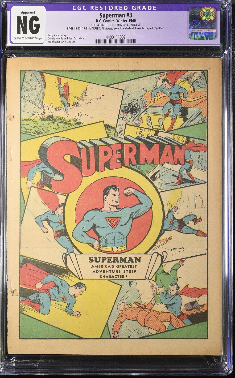 SUPERMAN #3 CGC NG (DC 1940) Complete interior coverless please read