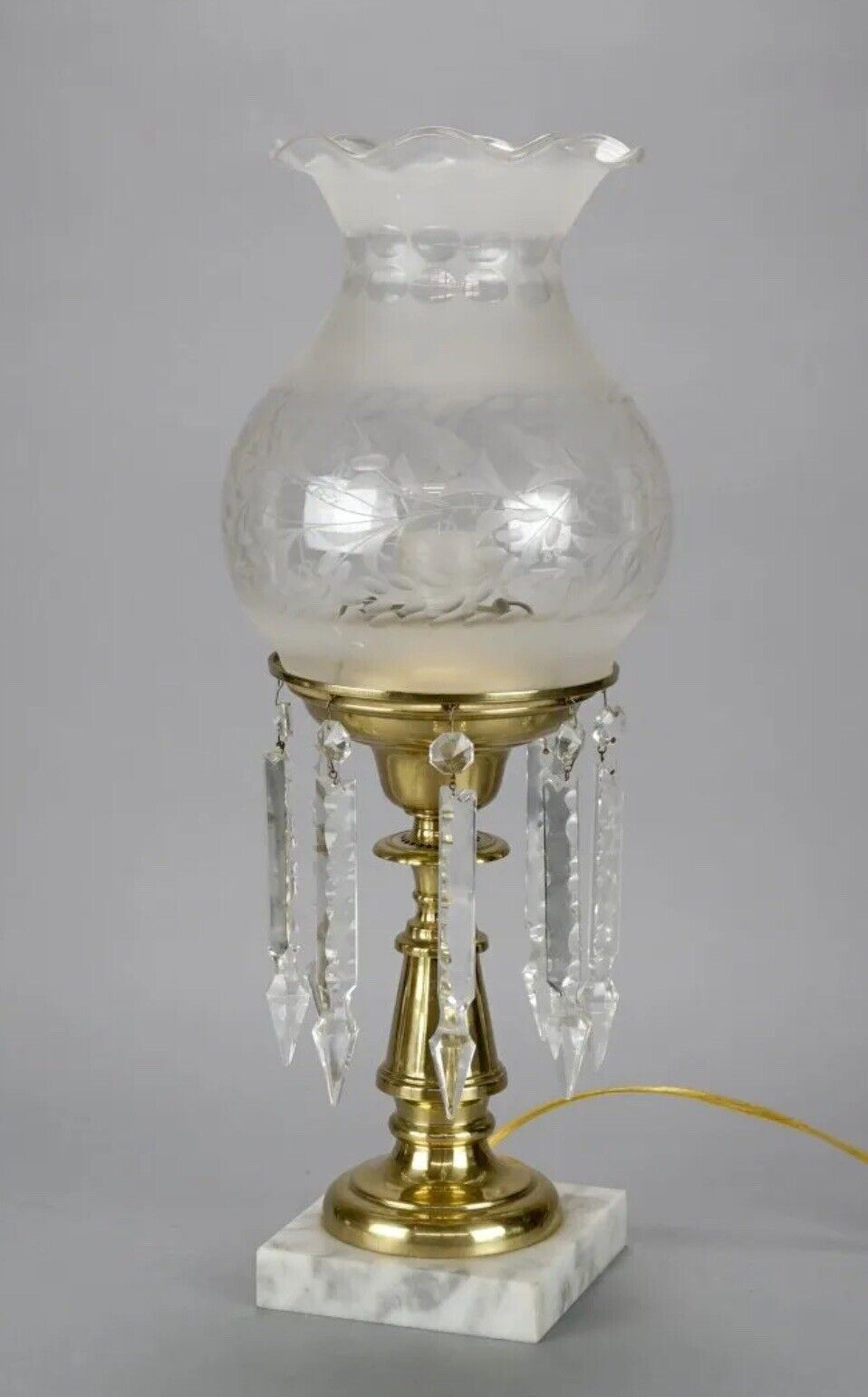 Antique Victorian Astral Lamp with a Floral Cut Glass Shade & Prisms