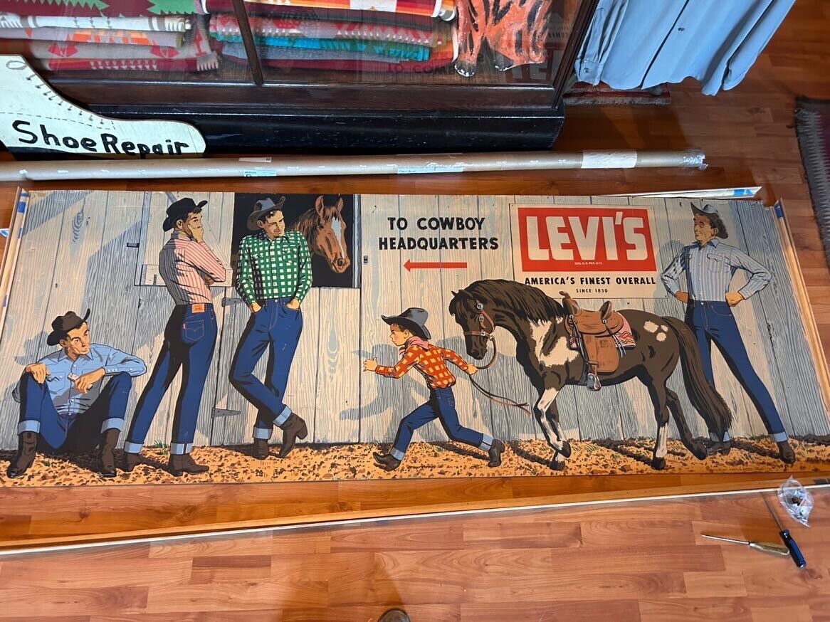 VTG Antique 1940s 1950s Levi's Store Ad Display Banner Poster BIG sign 8x3’ RARE