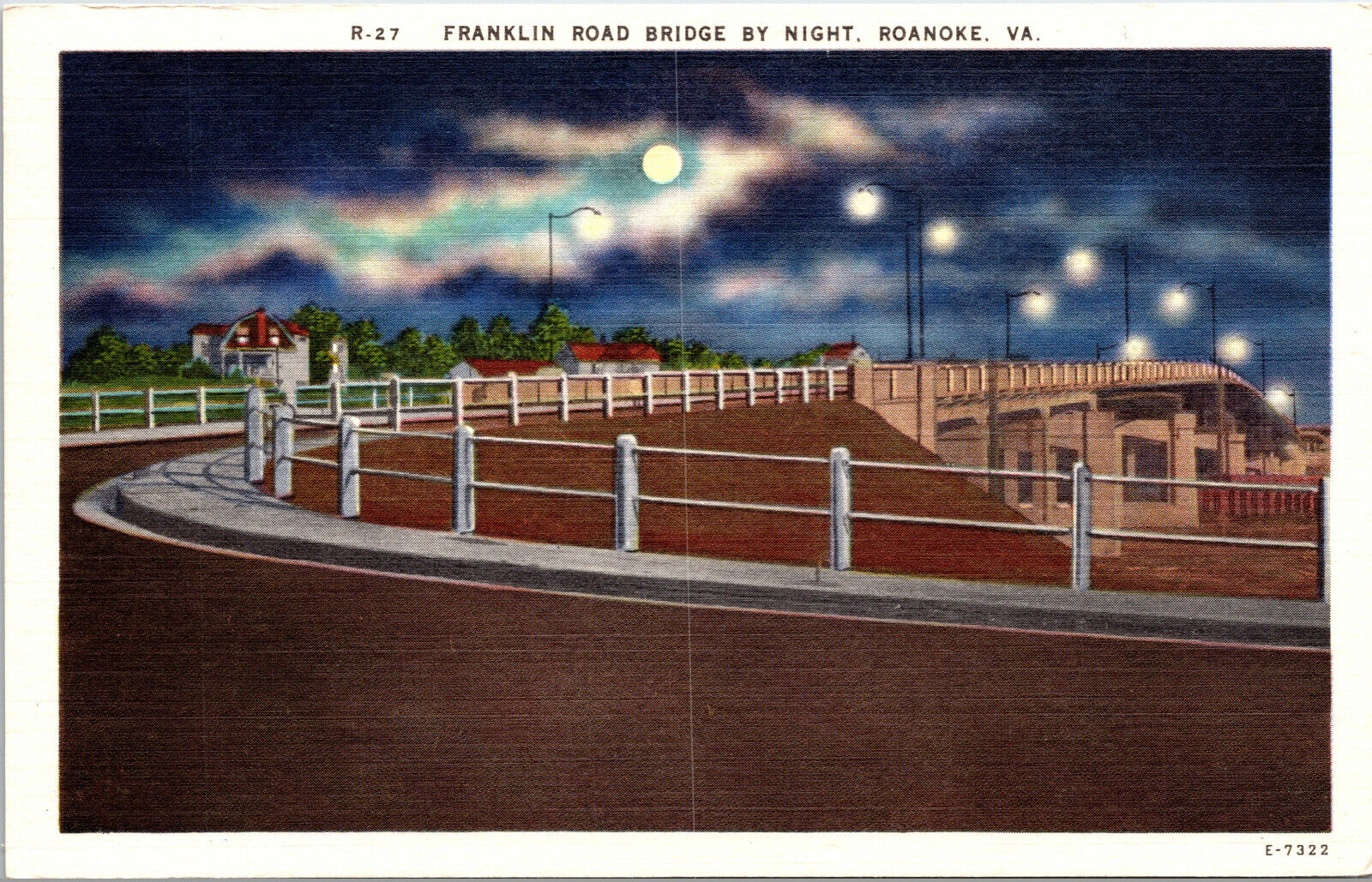Postcard FRANKLIN ROAD BRIDGE BY NIGHT, Roanoke, VA, Linen c1930-40\'s, Unposted