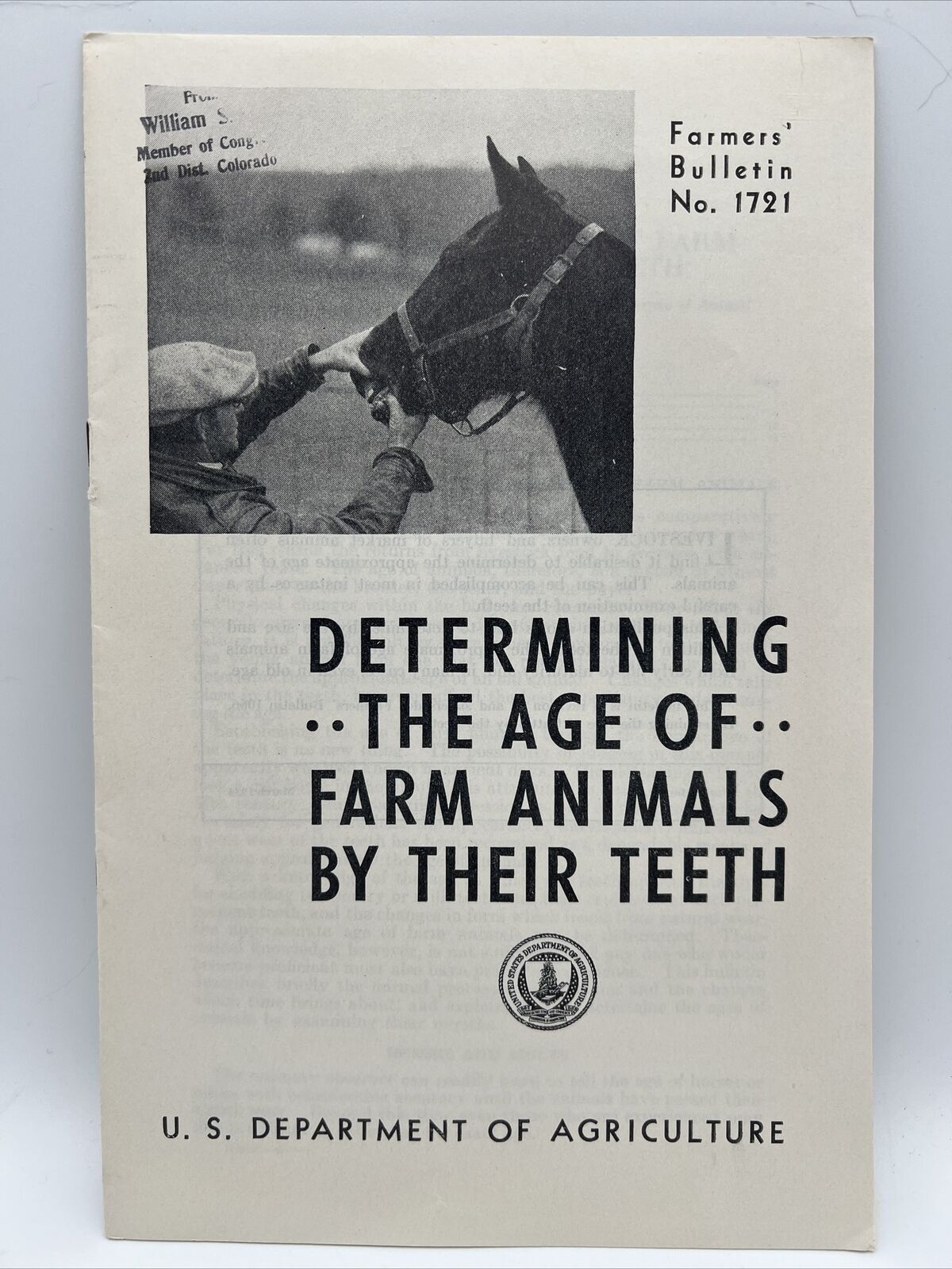 1934 USDA Farmers Bulletin No 1721 DETERMINING THE AGE OF FARM ANIMALS BY TEETH