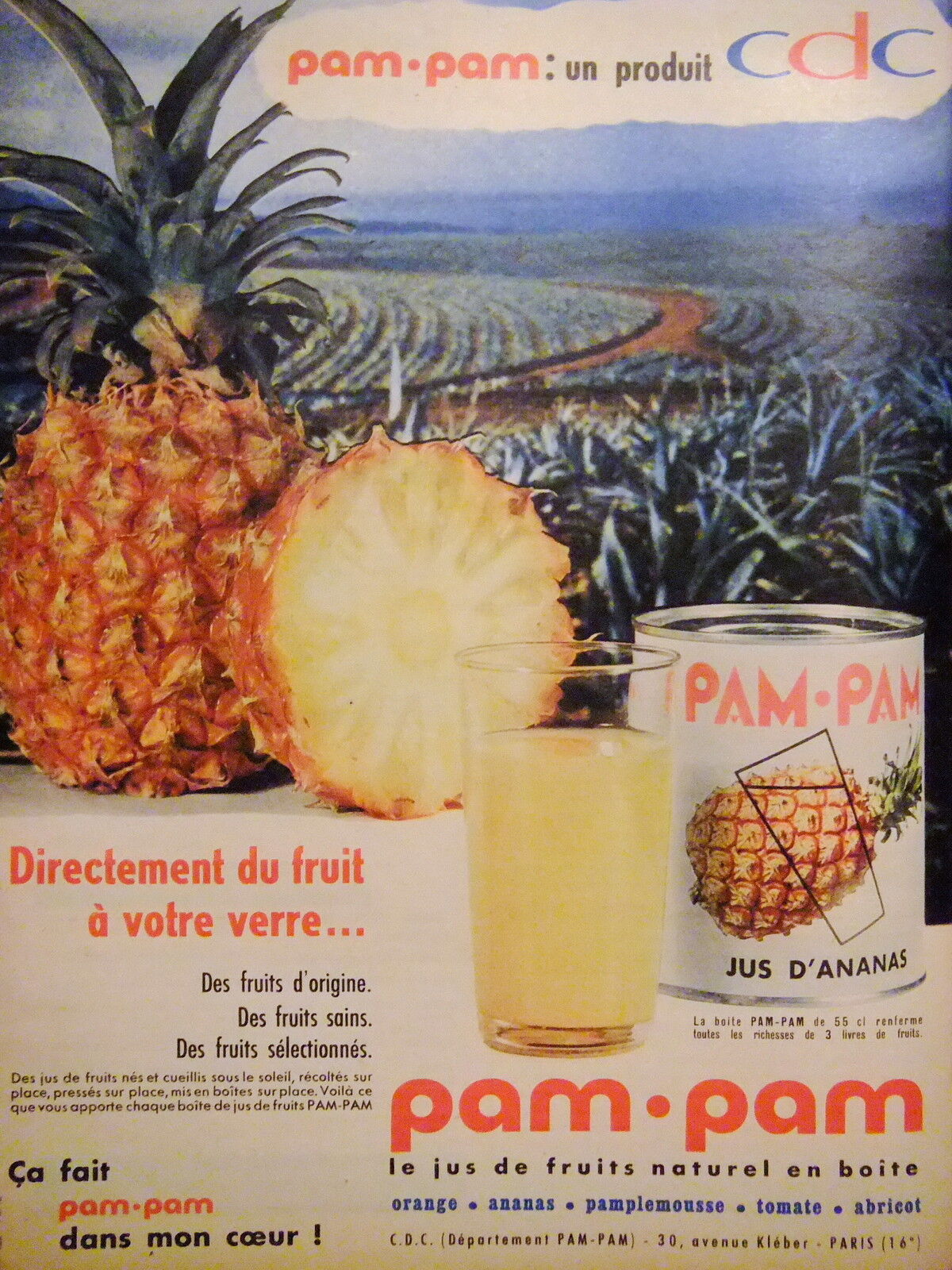 1959 PAM-PAM DIRECT FROM NATURAL HEALTHY FRUIT TO YOUR GLASS PRESS ADVERTISEMENT