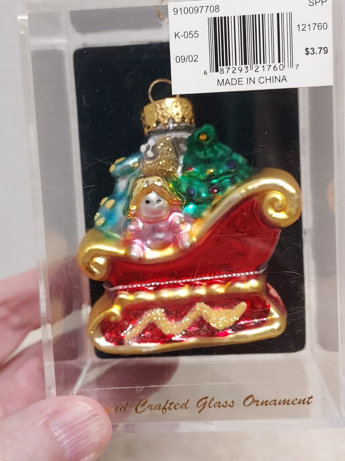 VTG Unique Treasures Hand Crafted Glass Christmas Ornament Santa\'s Sleigh NOS