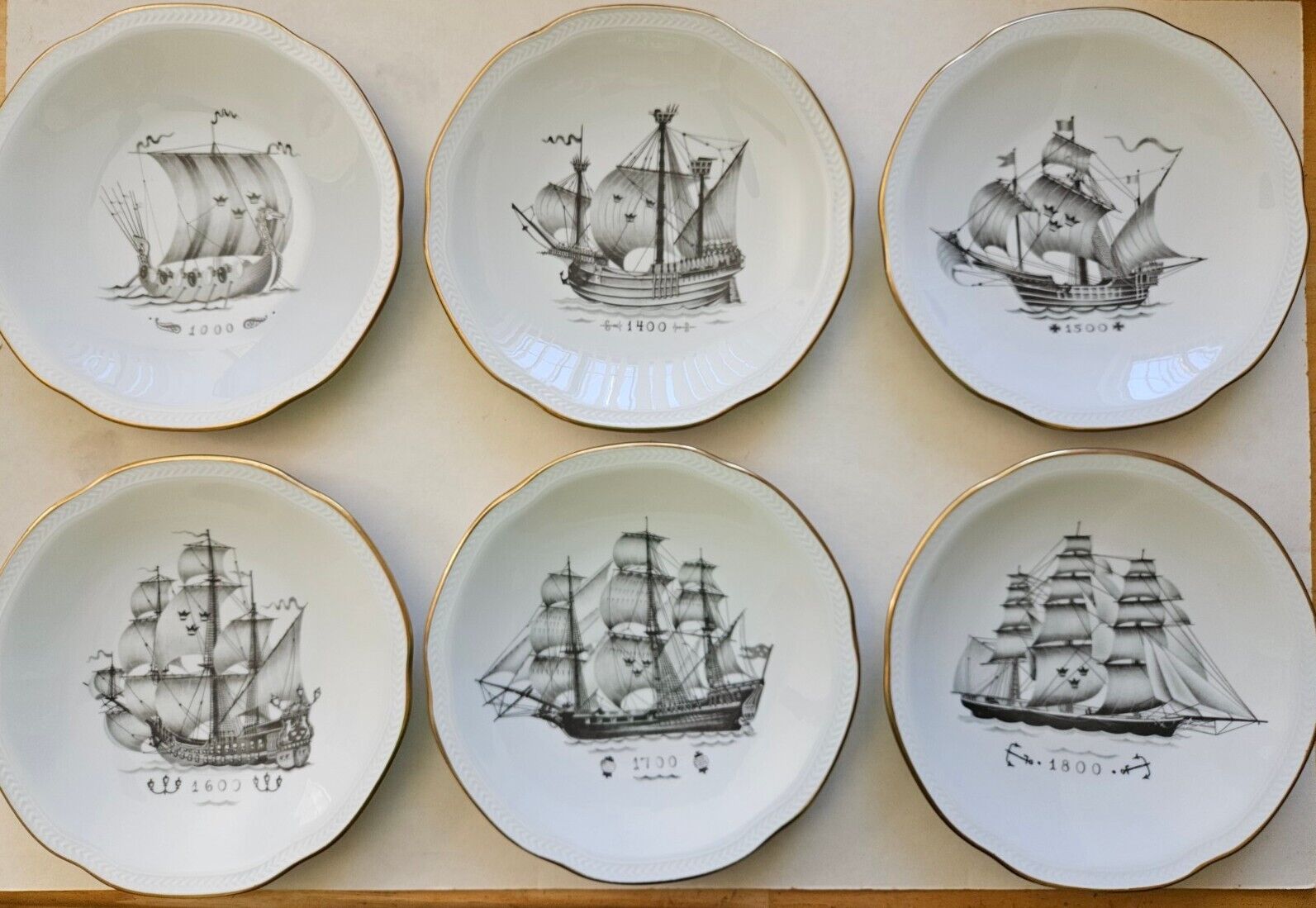 Rorstrand Sweden Porcelain Plate Historical Ships Lot Of 6 - 592 & 621. EUC