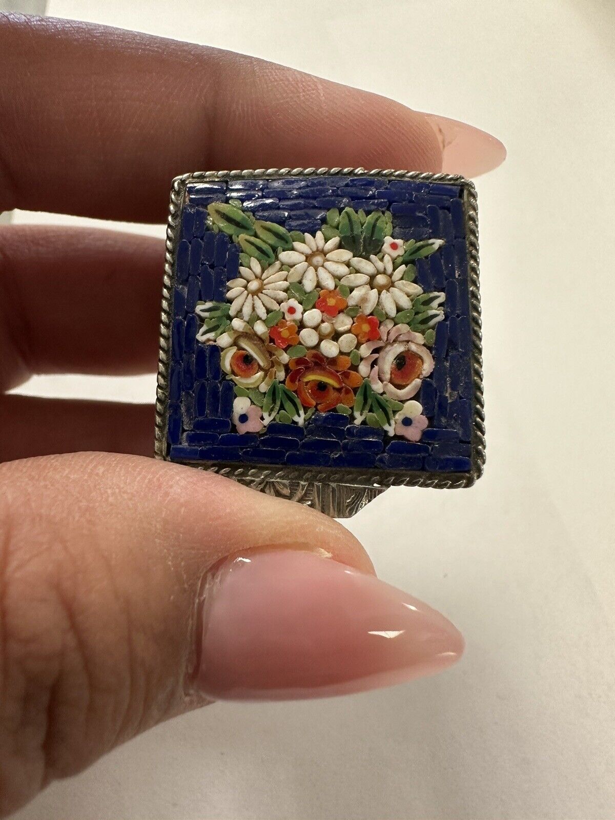 Antique Italian Silver Colored Victorian Micro Mosaic Floral Trinket Pill Box