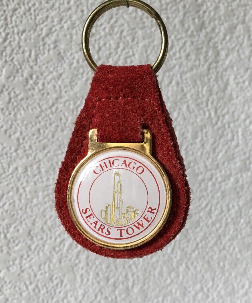 Vintage Keychain SEARS TOWER CHICAGO Key Ring Suede Leather Fob HIT USA MADE