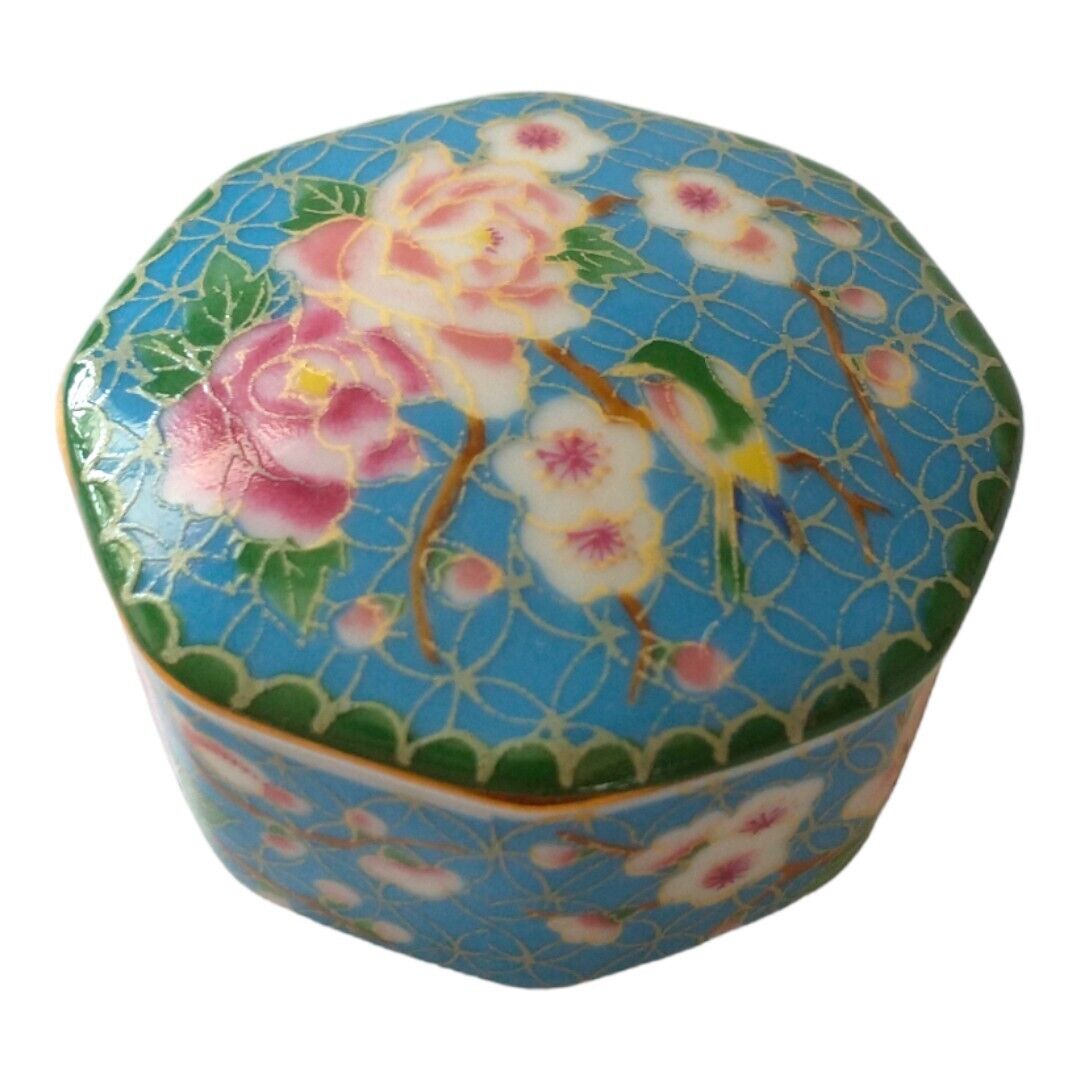 Takahashi Cloisonne Trinket Dish Box Vintage MINI Porcelain Gold Birds Flowers