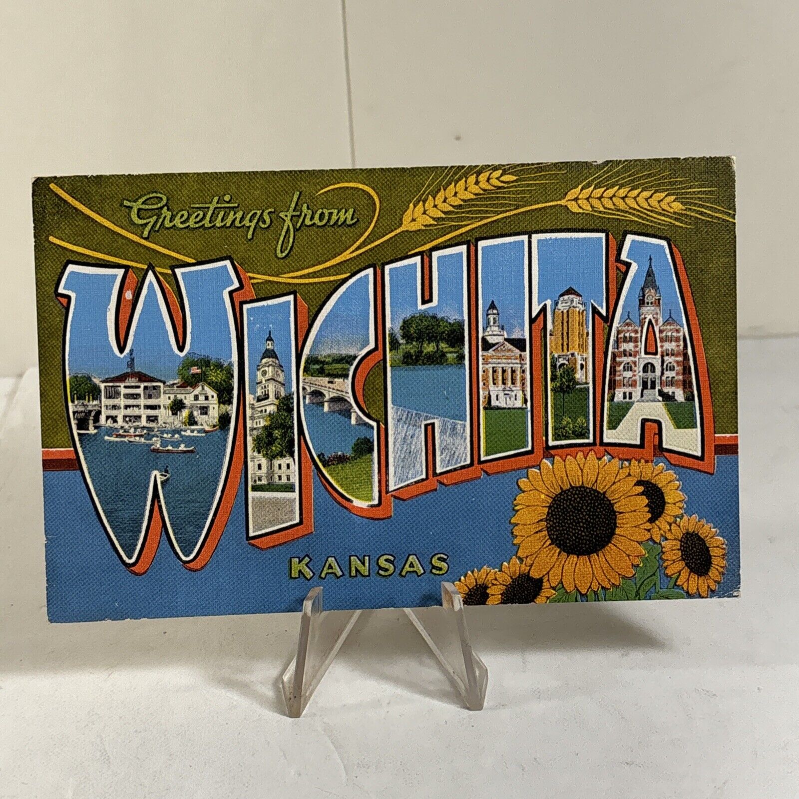 Postcard Large Letter Greetings From Wichita Kansas KS Linen Sunflower Wheat