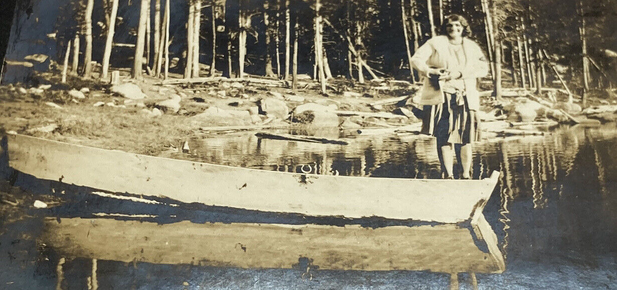 Early 1900s Woman Stands on Antique Canoe Boat RARE Photograph