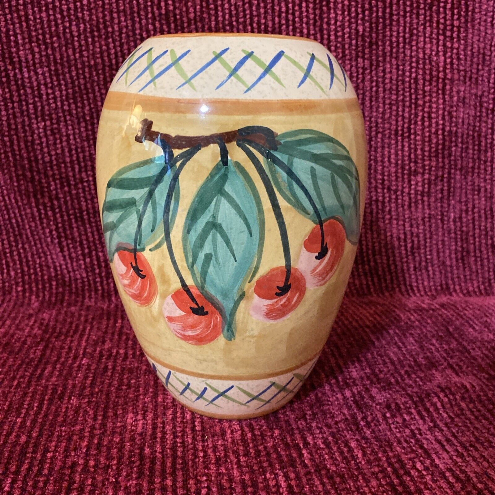 Beautiful Hand Painted Vase By Bellini PIU Made In Italy Cherries And Leaves