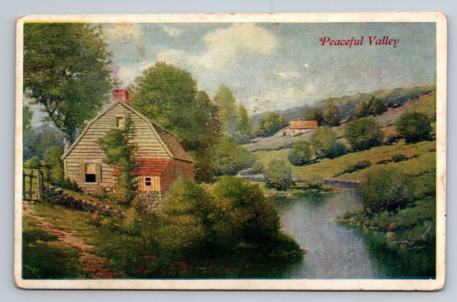 Peaceful Valley Country Scene Home On River Scene Postcard