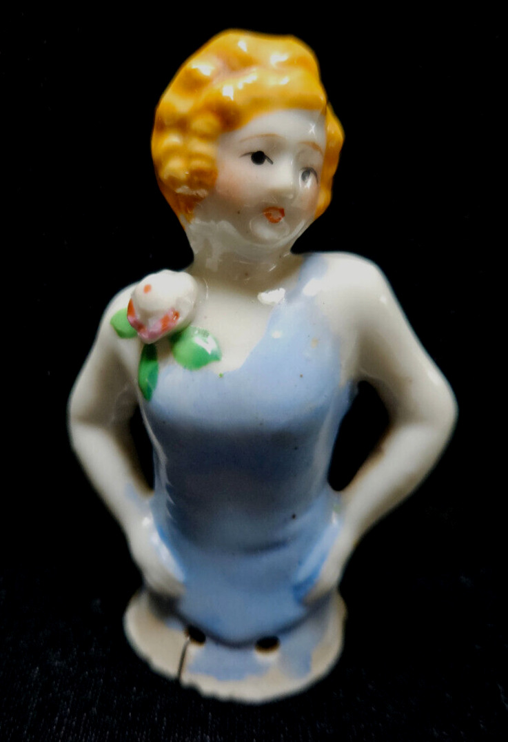 Vintage Porcelain Halfbody Pin Cushion Flapper Doll Figurine~1920's~Japan