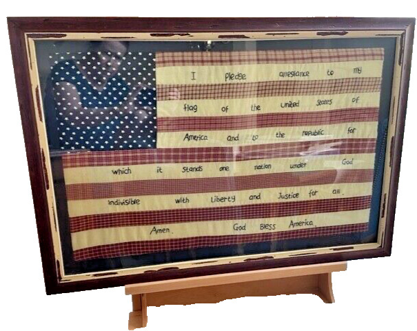 Vtg. framed  Hand Embroidered American Flag / Pledge of Allegiance 22.5\