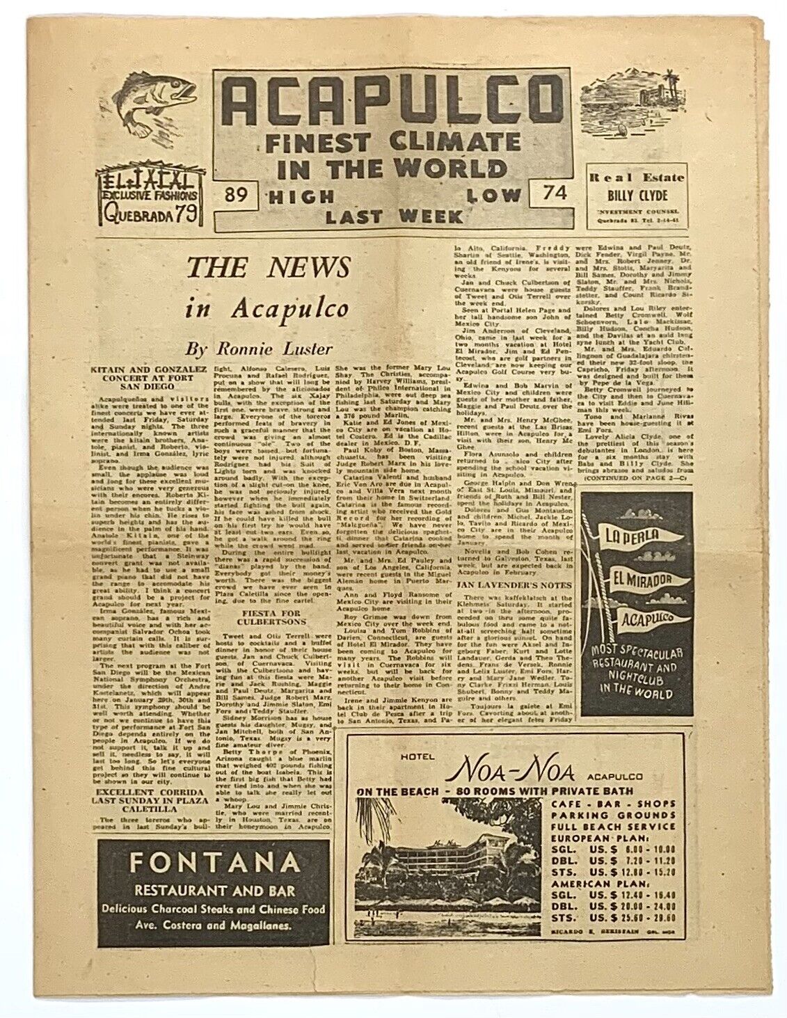 Acapulco Newspaper 1960 Tourist News 8 Pages Tabloid Ernest Borgnine Honeymoon