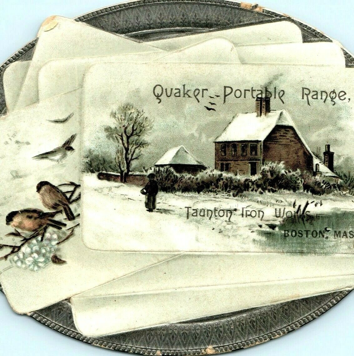 1880s Boston MA Taunton Iron Works Quaker Portable Range Engraved Trade Card C40