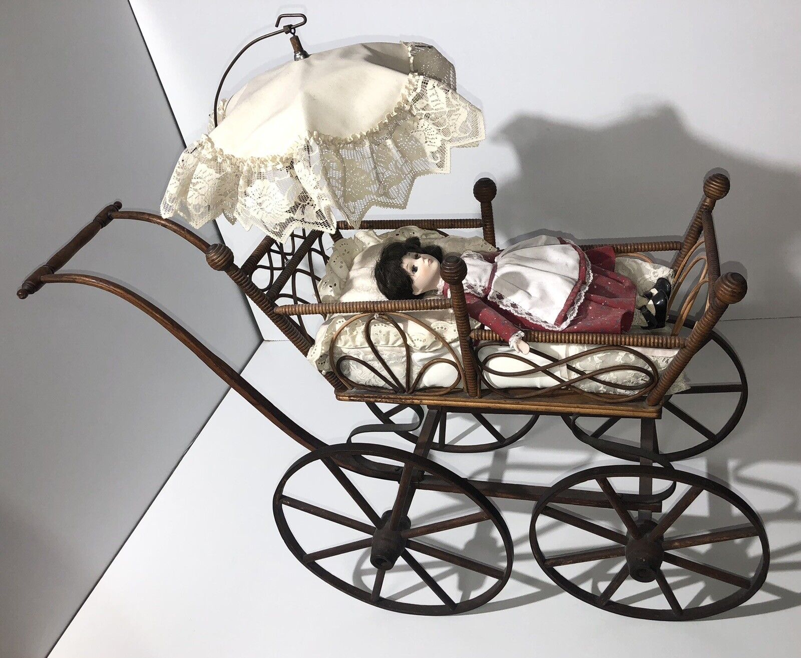 Antique Baby Doll & Carriage Wood & Wicker Stroller Baby Buggy