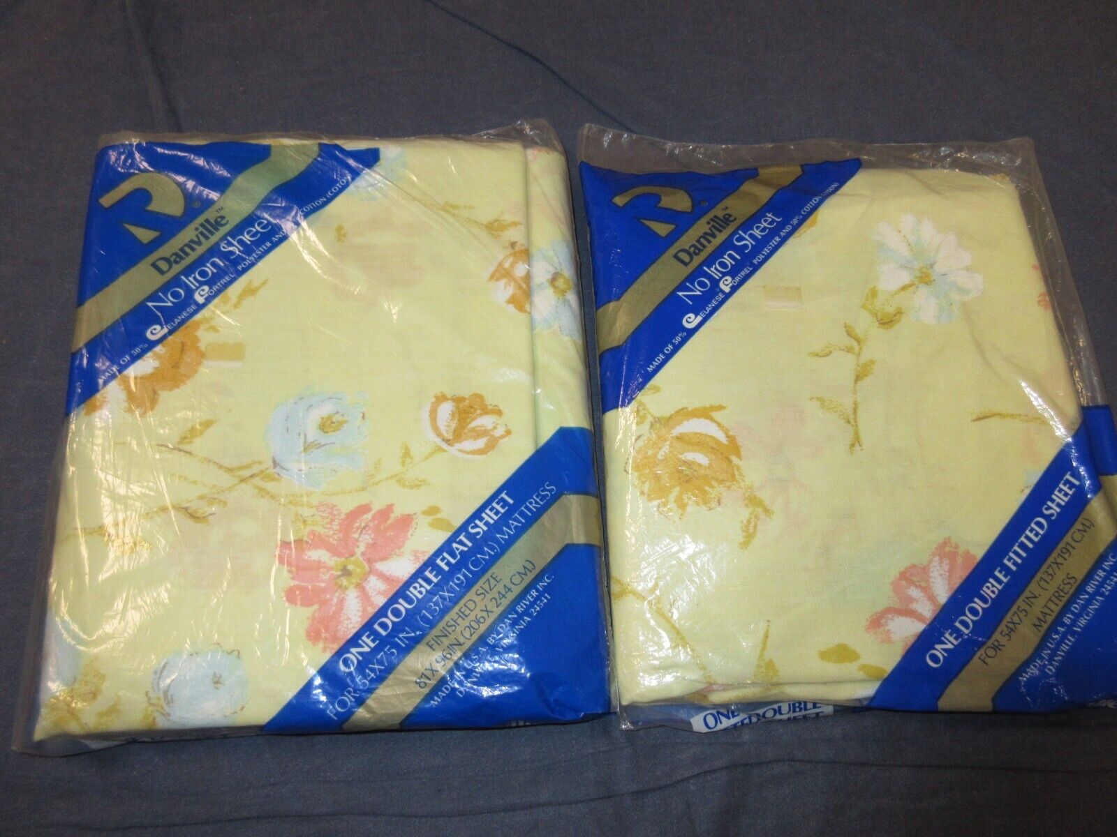 Vintage/New DANVILLE Full/Double Sheet Set Flat/Fitted Yellow w Blue/Pink FLORAL
