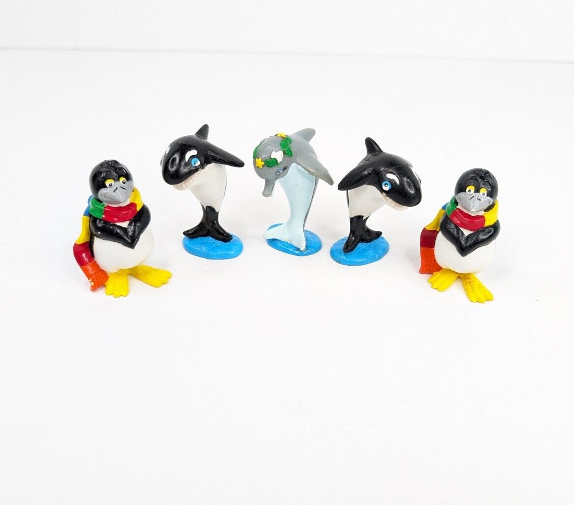 Vintage Sea World PVC Figures Lot Of 5 Shamu Orca Penguins Cake Toppers 1987
