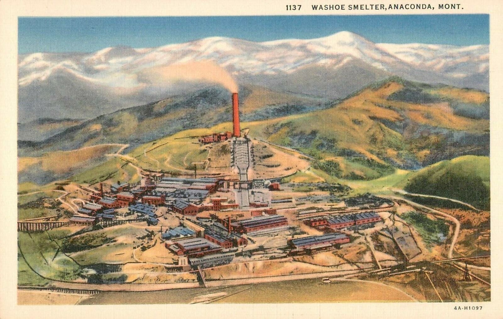 Washoe Smelter Anaconda Montana MT Colored Linen Postcard 30s 40s