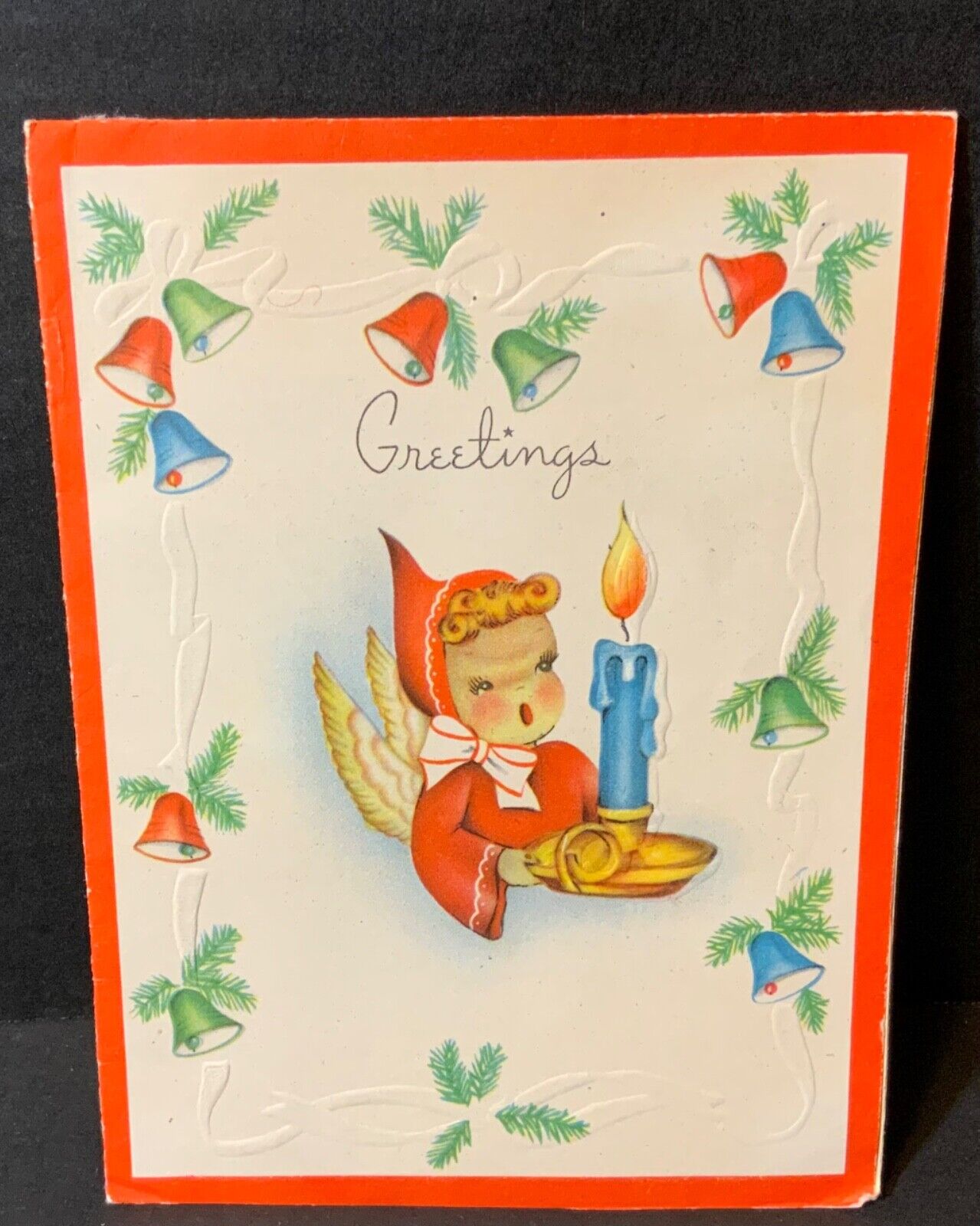 VTG 1944 Embossed Christmas Card Cute Girl Angel Holding Candle Border of Bells