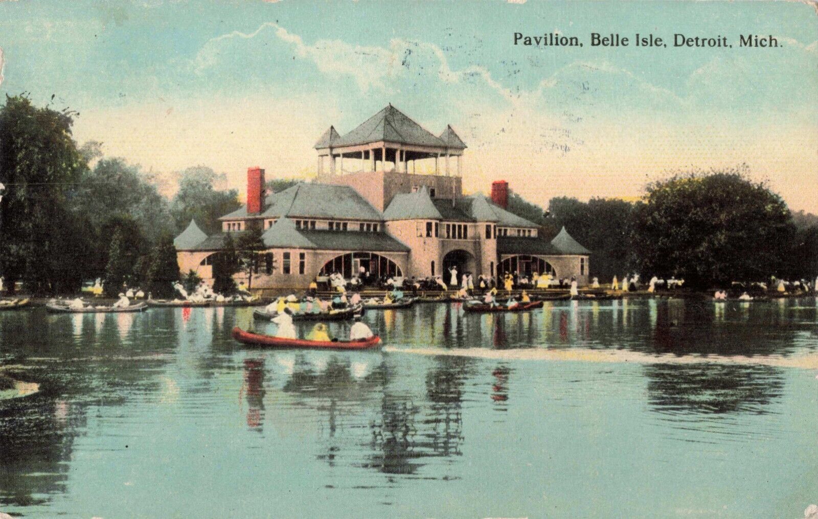 Detroit MI Michigan, Pavilion, Belle Isle, Canoes Boats, Vintage Postcard